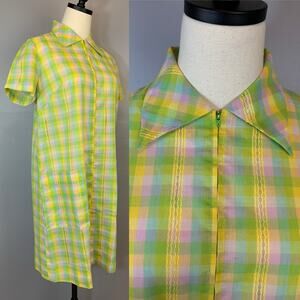 Vintage 1960s Neon Pastel Plaid Shirt Dress House Dress Dagger Collar Zip Front